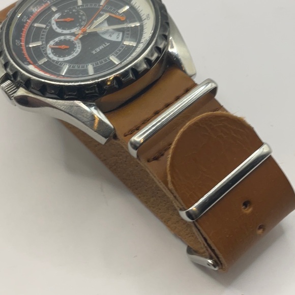 Timex Retrograde Black and Orange Men's Watch Brown Leather Band - Picture 3 of 5